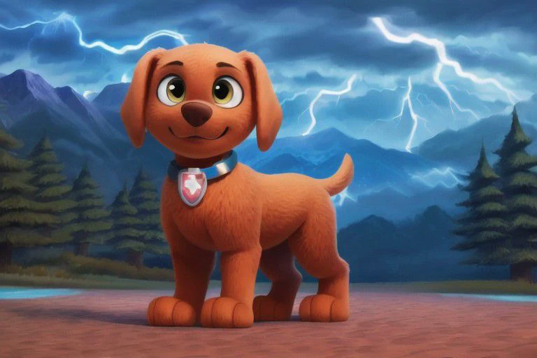 paw patrol, zuma, labrador, feral, male, ((solo)), standing, looking at viewer, focus on character, anatomically correct, view of the forests mountains ((thunder)), best landscape, detailed, detailed background, best quality, masterpiece, detailed eyes, detailed pupil,