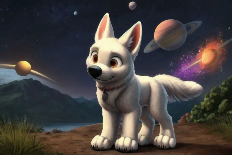 bolt, dog, male, feral, ((solo)), standing, high light, ((planets)), fire meteor, nebula, stars, universe, ((cosmos)), crystal, ((colored crystals)), (((focus on character))), burning sky, anatomically correct, detailed, detailed background, best quality, masterpiece, detailed eyes, detailed pupil, OverallDetail,