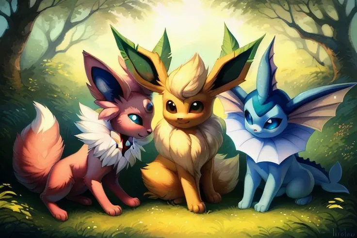 perfect detail, multiple characters, (eevee, espeon, flareon, glaceon, jolteon, leafeon, sylveon, umbreon, vaporeon), sitting, lounging, sleeping, laying, in forest with river, sunny, smiling, (quadruped feral:1.4), realistic fur detail, (by Hioshiru)
