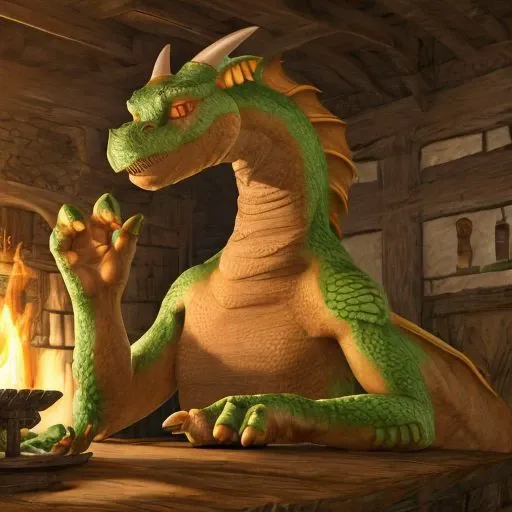 (masterpiece, top quality, best quality, official art, photorealistic), extreme detailed, highest detailed ((ultra-detailed)), ((realistic, real life depiction)), solo, janedragon, dragon, adult, (slit pupils:1.1), perfect anatomy, perfect body), extremely detailed hands (four fingers), highly detailed face, medieval tavern, warm fire, highly detailed background,