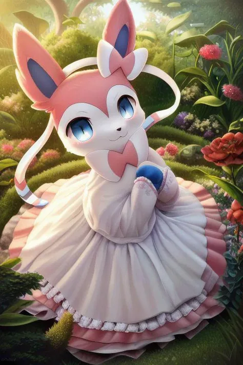 (best quality,highly detailed,masterpiece,ultra-detailed,illustration,4k,anime style),furry,kemono,feral,cute,kawaii,masterpiece,(sylveon),garden,newlyweds,white fower on dress,beautiful sunlight and shade,bevel view