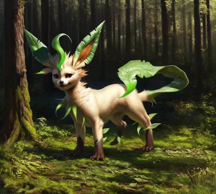 solo, hi res, (feral, leafeon), (plants), particles, fur and claws, forest, pokemon, masterpiece, best quality, photorealistic, hyperrealistic, ultradetailed, detailed background, photo background, digital drawing (artwork), [[by rj palmer|by totesfleisch8], by thebigslick:by silverfox5213:0.8]