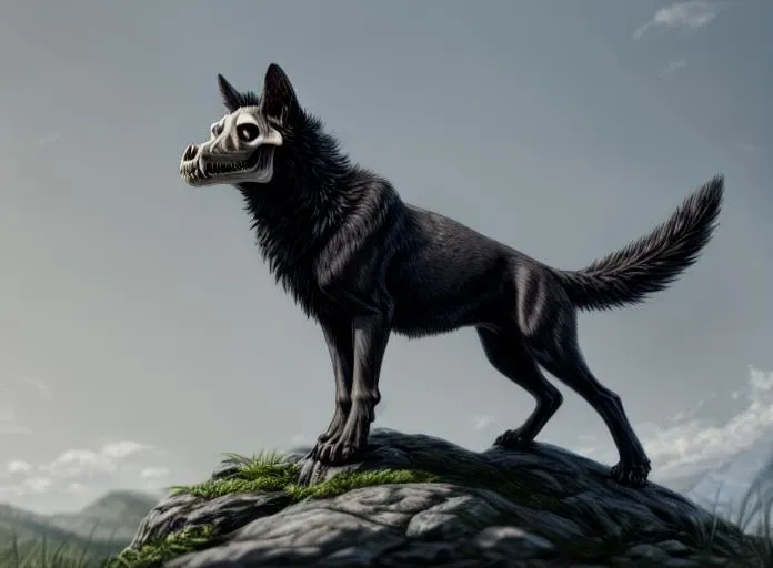 shaded, excellent quality, insanely detailed, phenyanyanya, honovy, marjani, personalami, hioshiru, male, muscular male, looking at viewer, animal genitalia, saggy balls, spread legs, canine penis, knot, big balls, white pupils, cave, dungeon, inside, rock, darkness, underground, glowing eyes, feral, quadruped, standing, paws, wolf, open mouth, teeth, all fours, tongue out, long tongue, hyper muscle, leaking precum, angry skull head, malo, mammal, canid, canine, bone, skull, fur, hair, genitals, black body, nipples, solo, black fur, black hair, digital media (artwork), monster
