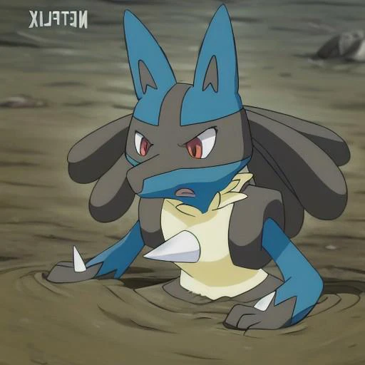lucario, pokemon, best quality, masterwork, detailed background, ouside, beach, montail, bushes, cloudy, black fur, blue fur, yellow chest, chest spike, hand spike, blue tail, looking surprised, mouth open, cute, solo, solo focus, rating:safe, neck deep into beige white squishy sticky quicksand, hd, looking down, closeup, face focus, detailed face, <lora:Anime_Lucario_Lora:0.7>, embarrassed