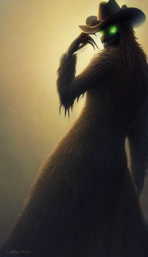 horror \(theme\), dripping_blood,background mountain of pile of corpses, anorexia,long_arms, sharp teeth, sharp fingernails, glowing eyes, green eyes, black trench coat,black cowboy hat, HorrorFantasy