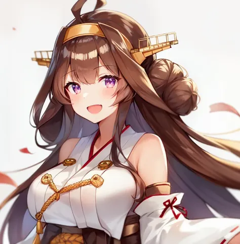 1girl, solo, long hair, kongou (kancolle), brown hair, double bun, purple eyes, hair bun, ahoge, open mouth, nontraditional miko, detached sleeves, brown eyes, white background, headgear, hairband, smile, ribbon-trimmed sleeves, simple background, japanese clothes, ribbon trim, looking at viewer, twitter username, upper body, wide sleeves, :d, <lora:kongou kantaicollection kancolle v1:0.8>, kongo