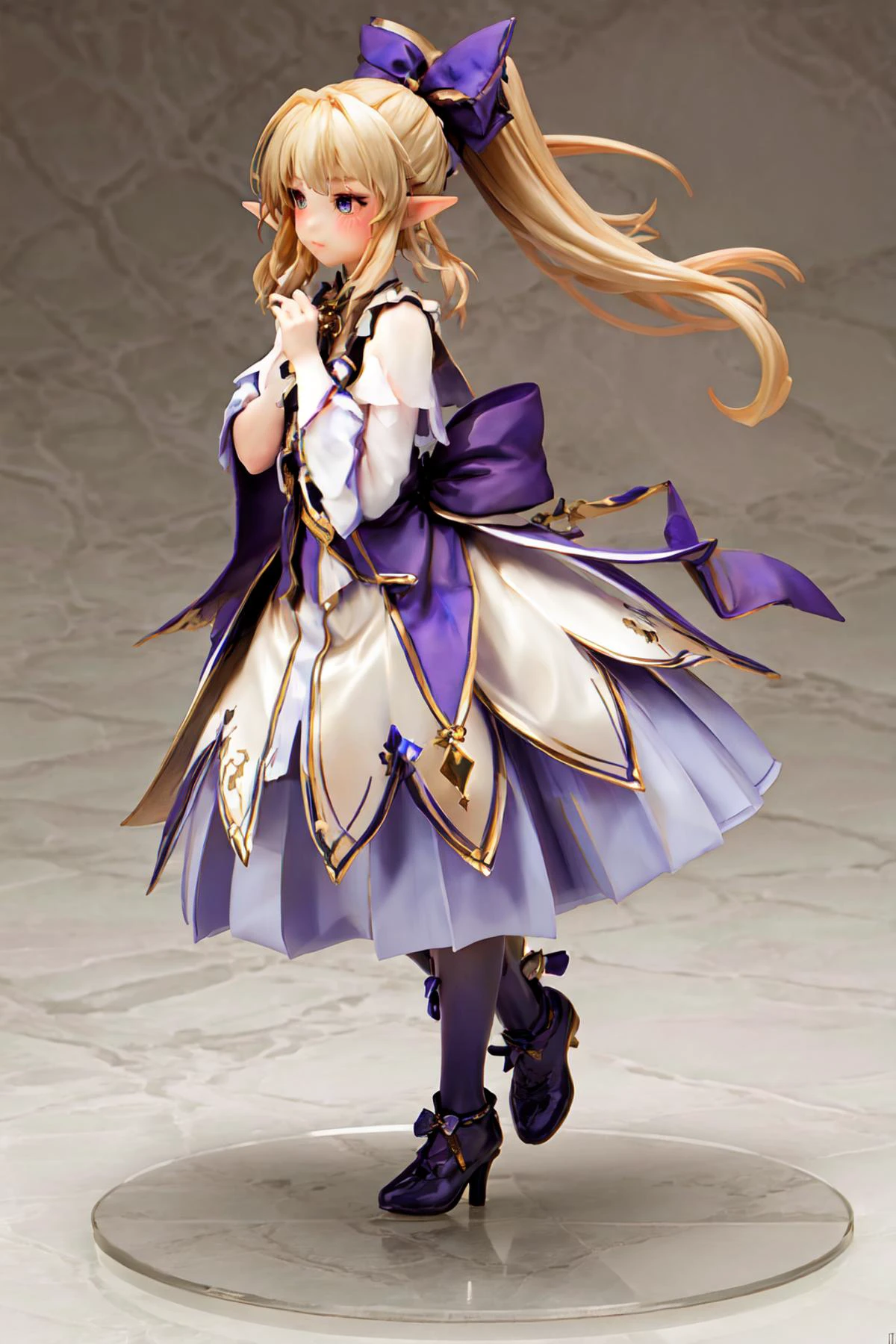 1girl,elf,pointy_ears,blonde_hair,bow,hair_bow,ponytail,blush,full body, dress, pleated, handmade style, <lora:TS_HandmadeModel_V20:1>