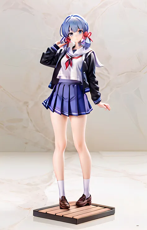 handmade style, masterpiece, best quality,kamisato ayaka, official alternate hairstyle, ohair ribbon, red ribbon, school uniform, sailor shirt, sailor collar, pleated skirt, 1girl, skirt,cate, black bow,full body,looking at viewer, <lora:TS_HandmadeModel_V20a:0.9> <lora:kamisato ayaka:0.9>