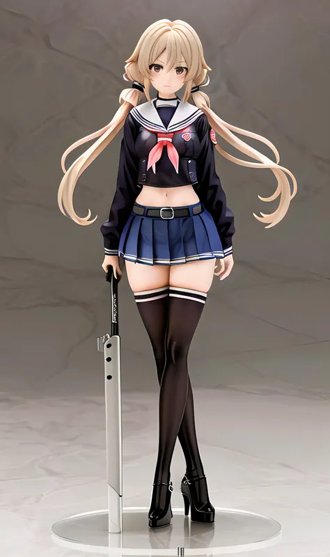 handmade style,best quality,1girl, solo, thighhighs, blonde hair, dual wielding, school uniform, skirt, midriff, zettai ryouiki, serafuku, black thighhighs, navel,crop top, long hair, twintails, belt, high heels, full body, shoes, drill hair, pleated skirt, crossed legs, <lora:TS_HandmadeModel_V20a:1>
