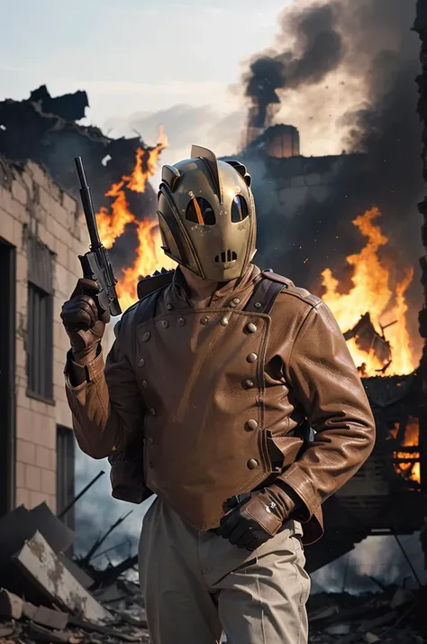 1man, solo, rocketeer man wear full helmet and leather jacket, leather gloves, Zeppelin, holding gun, world war 2, tank, group of soldier, city ruins, fire, debris, bokeh, photography, blurry background, <lora:ARWRocketeer:1>