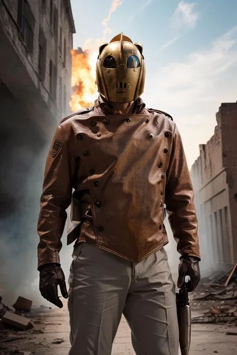 1man, solo, rocketeer man wear full helmet and leather jacket, leather gloves, world war 2, city ruins, debris, bokeh, photography, blurry background, <lora:ARWRocketeer:1>