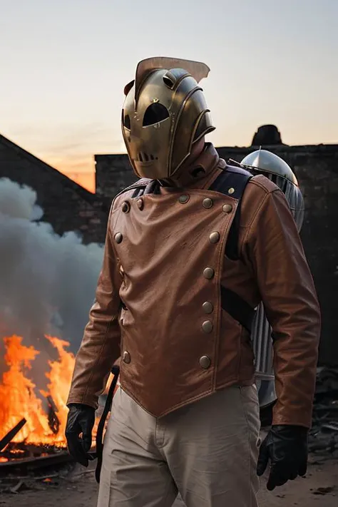 1man, solo, rocketeer man wear full helmet and leather jacket, leather gloves, Zeppelin, world war 2, tank, group of soldier, city ruins, fire, debris, bokeh, photography, blurry background, <lora:ARWRocketeer:1>