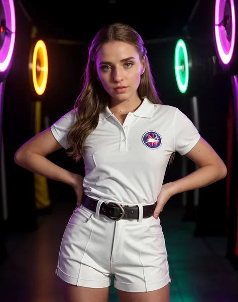 (realistic, photorealistic), cinematic photo realistic, <lora:quiron_SofiGoldfinger_v1_lora:0.87> SofiGoldfingerQuiron woman wearing polo shirt with popped collar, khaki shorts, boat shoes, woven leather belt, 80s style Laser Tag Arena, An otherworldly laser tag arena with black lights, fog machines, and players sporting futuristic vests and laser guns while chasing each other through neon-lit corridors, . 35mm photograph, film, bokeh, professional, 4k, highly detailed, (high quality skin), (high detailed face skin), (realistic iris), (realistic pupils), (skin pores), (skin imperfections:0.27),