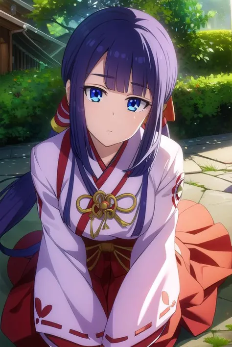 kanadetakatsuki, <lyco:kanadetakatsukiLYCORIStest:1>,
kanade takatsuki, long hair, blue eyes, very long hair, blue hair, hair ribbon, ponytail, sidelocks, blunt bangs,
BREAK skirt, long sleeves, japanese clothes, hakama, hakama skirt, miko, red hakama,
BREAK looking at viewer,
BREAK outdoors, shrine,
BREAK <lora:GoodHands-vanilla:1>, (masterpiece:1.2), best quality, high resolution, unity 8k wallpaper, (illustration:0.8), (beautiful detailed eyes:1.6), extremely detailed face, perfect lighting, extremely detailed CG, (perfect hands, perfect anatomy),