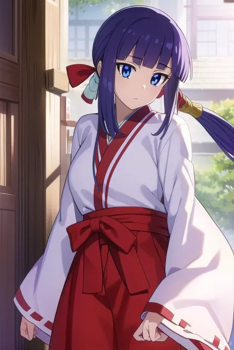 kanadetakatsuki, <lyco:kanadetakatsukiLYCORIStest:1>,
kanade takatsuki, long hair, blue eyes, very long hair, blue hair, hair ribbon, ponytail, sidelocks, blunt bangs,
BREAK skirt, long sleeves, japanese clothes, hakama, hakama skirt, miko, red hakama,
BREAK looking at viewer,
BREAK outdoors, shrine,
BREAK <lora:GoodHands-vanilla:1>, (masterpiece:1.2), best quality, high resolution, unity 8k wallpaper, (illustration:0.8), (beautiful detailed eyes:1.6), extremely detailed face, perfect lighting, extremely detailed CG, (perfect hands, perfect anatomy),