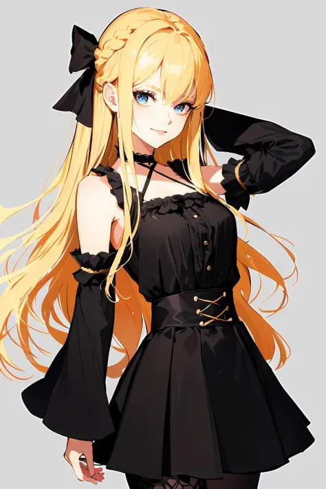<lora:HerrscherAGGA2023_Outline_V1:1> AGGA_ST038, ultra detailed, masterpiece, best quality, aesthetic, detailed,, solo, soft smile, light smile,
1girl, blue eyes, very long hair, blonde hair, long blonde hair, french braid, bangs, medium breasts,, hair ribbon, frilled choker, criss-cross halter, sleeveless dress, high-waist skirt, backless dress, waist bow, detached sleeves, frilled sleeves, wide sleeves, pantyhose, patterned legwear, mary janes,