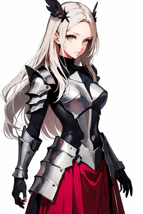 <lora:wada_arco_style_v01:1>, ultra detailed, masterpiece, best quality, solo, serious,
1girl, (white eyes:1.1), (grey eyes:1.3), white hair, very long hair, parted hair, parted bangs, <lora:parted_hair_v1.3:1.3>, medium breasts,
valkyrie, (bodysuit:1.1), pink wing hair ornament, grey armored skirt, black bodysuit, armor, gauntlets, pink breastplate, greaves, armored dress,