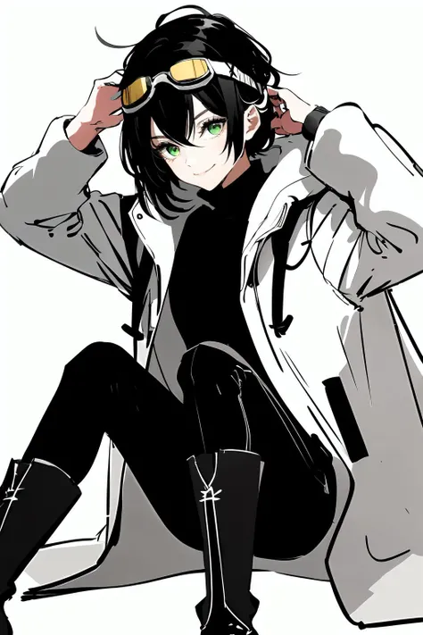 <lora:HerrscherAGGA2023_Outline_V1:1> AGGA_ST038,, ultra detailed, masterpiece, best quality, aesthetic, detailed,, ultra detailed, masterpiece, best quality, solo, smile, 1boy, green eyes, short hair, black hair, bangs, hair between eyes, messy hair, (goggles on head:1.2),, headband, white coat, hooded coat, hood down, open coat, turtleneck, capri pants, pants, black knee boots,