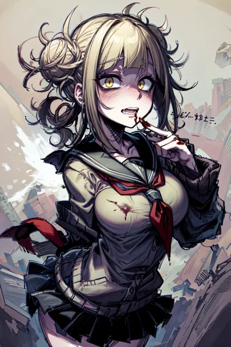 dark art, thick outlines, comics, photorealistic, perfect hands, masterpiece:1.2, ruined city at night, 1 girl,<lora:TogaHimiko:1> toga himiko, bags under eyes, yellow eyes, blood, cardigan, serafuku, black skirt, neckerchief, small breast, <lora:bags under eyes:0.6> detailed background, detailed face, detailed eyes, <lora:add_detail:0.8>