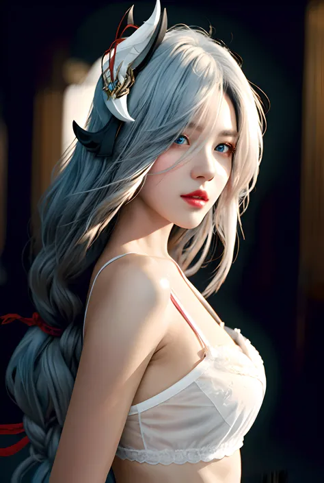 <lora:ShenheV4-06:1.5>,(masterpiece:1.2),best quality,high resolution,unity 8k wallpaper,(illustration:1),perfect lighting,extremely detailed CG, finely detail,extremely detailed,soft lighting and shadow,soft yet striking lighting,film grain:1.2,(skin pores:1.2),(detailed skin texture:1),((solo:1.5)) , shenhe \(genshin impact\), 1girl, blue eyes, solo, white hair, over one eye, long hair, white hair, hair ornament,see-through, blurry, red lips, from side, lips, cowboy shot, bare shoulders, lingerie, sexy_underwear, full body ,facing viewer, Forward-facing_lens,
