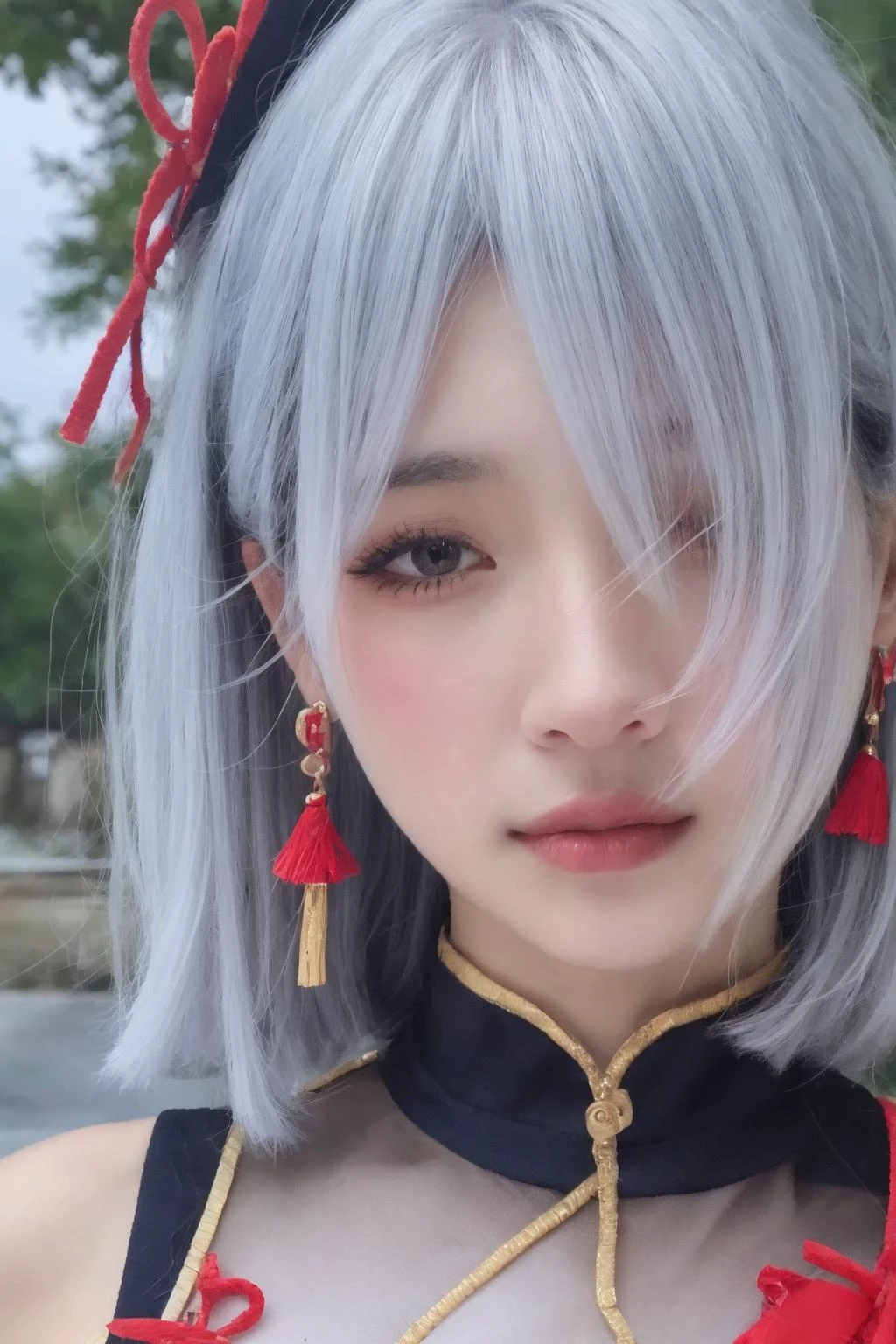 (masterpiece:1.2),best quality,high resolution,unity 8k wallpaper,(illustration:1),perfect lighting,extremely detailed CG,
finely detail,extremely detailed,soft lighting and shadow,soft yet striking lighting,film grain:1.2,(skin pores:1.2),(detailed skin texture:1),((solo:1.5)),Detailed face,(see-through:1.1),misty,Low Key:1.1,depth of field,
shenhe \(genshin impact\), 1girl, solo, hair over one eye, jewelry, tassel earrings, earrings, portrait, looking at viewer, long hair, lips, white hair, tassel, realistic, blue eyes, hair ornament, grey eyes, closed mouth, one eye covered, blurry background,<lora:shenhe_v1-000007:0.7>