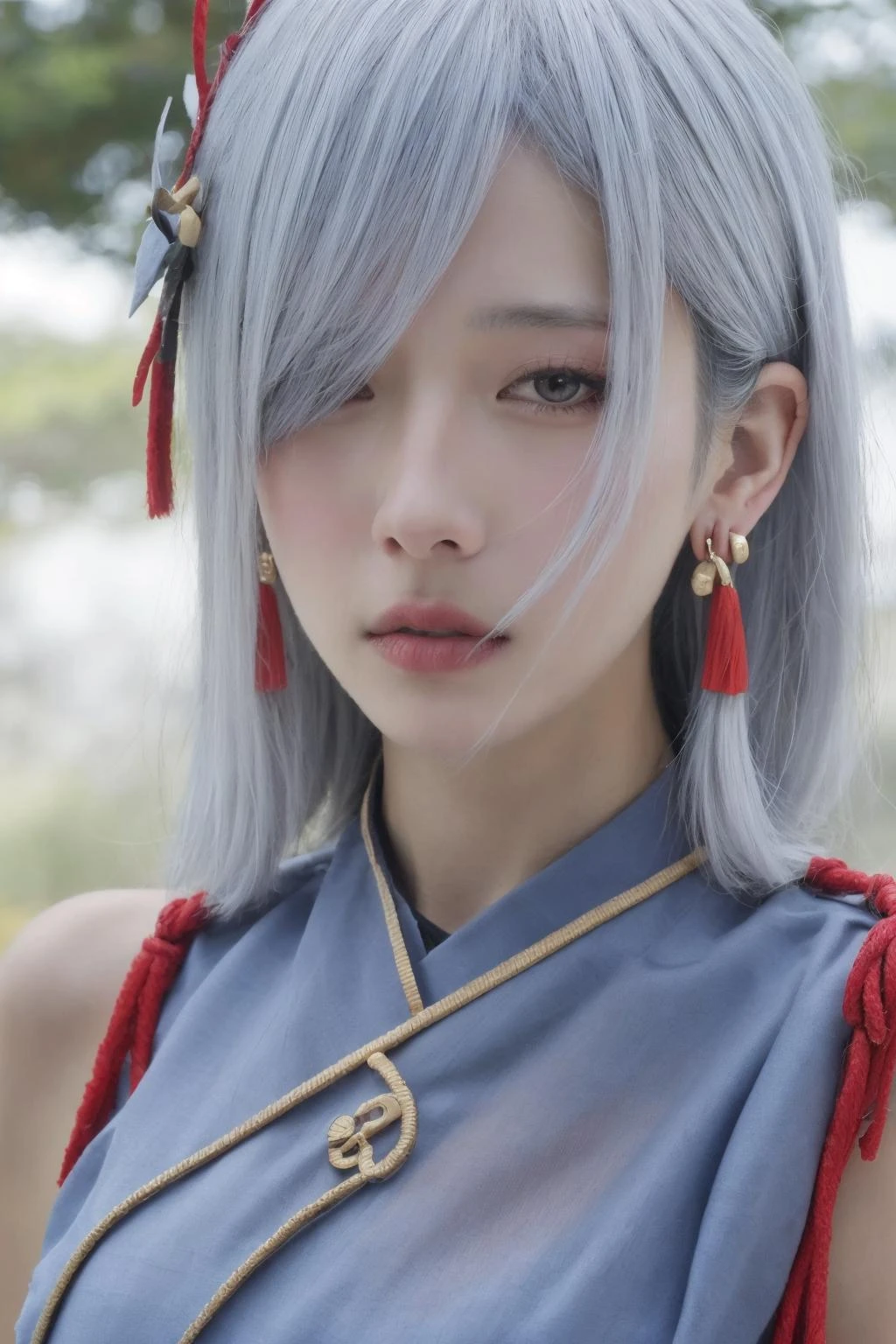 (masterpiece:1.2),best quality,high resolution,unity 8k wallpaper,(illustration:1),perfect lighting,extremely detailed CG,
finely detail,extremely detailed,soft lighting and shadow,soft yet striking lighting,film grain:1.2,(skin pores:1.2),(detailed skin texture:1),((solo:1.5)),Detailed face,(see-through:1.1),misty,Low Key:1.1,depth of field,
shenhe \(genshin impact\), 1girl, solo, hair over one eye, jewelry, tassel earrings, earrings, portrait, looking at viewer, long hair, lips, white hair, tassel, realistic, blue eyes, hair ornament, grey eyes, closed mouth, one eye covered, blurry background,<lora:shenhe_v1-000007:0.7>