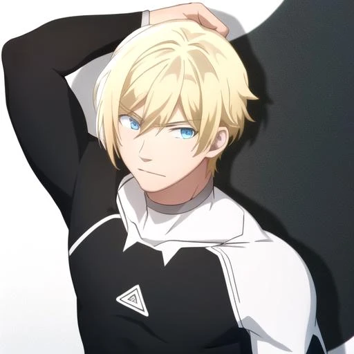 a handsome male,with short dark blond hair and blue eyes wearing a blue t-shirt and black pants, and he is sitting down, manwha art style