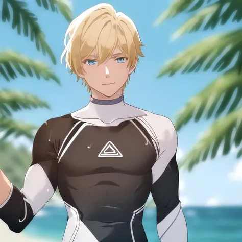 (((1boy, solo focus, muscular male))), bodysuit, black and white wetsuit, (((facing viewer, looking at viewer))), blue eyes, blonde hair, standing, sho akitsuki <lora:Sho_Akitsuki_RT2:0.65> , (((white shoulder sleeves))), wet, sweat, light smile, beach, shore. coconut tree, jungle, (((arms at sides))),