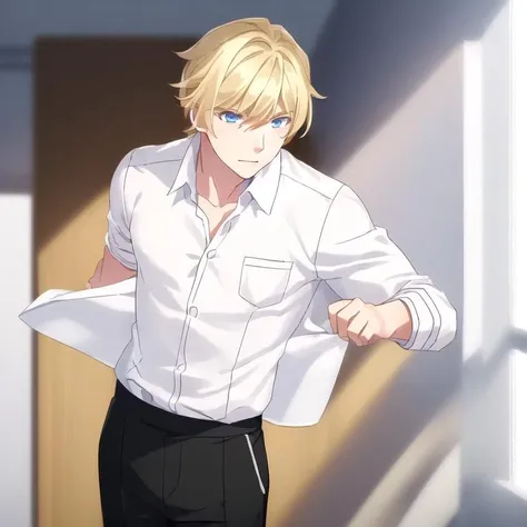 (((1boy, solo focus, muscular male, white dress, school uniform, facing viewer, looking at viewer))), blue eyes, blonde hair, standing, sho akitsuki <lora:Sho_Akitsuki_RT2:0.65> , classroom, black pants, arms at sides,