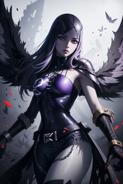 (masterpiece, best quality), intricate details, 8k, artstation, wallpaper, official art, splash art, sharp focus,
1girl, ladydevimon, (purple skin:1.3), wings,