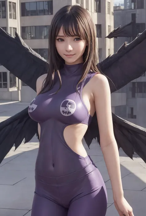 best quality, photorealistic, 8k, high res, 1girl, woman, (skindentation), (portrait:0.6),  ((cityscapebackground:2.1)), ((smallsize round breast, tight clothes, underboob, purple skin, wings, ladydevimon:1.6)), straight-looking at viewer:1.8, (1girl eyes looking at viewer, medium-length hair,  brownhair, partedbangs:1.35), photorealistic, (bokeh), smile, (parted lips), gorgeous,  <lora:CBAV-ria:0.65> <lora:zladydevimon:0.7>