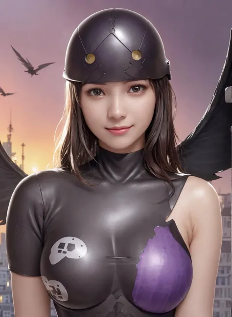 best quality, photorealistic, 8k, high res, 1girl, woman, (skindentation), (portrait:0.6), ((cityscapebackground:2.1)), ((smallsize round breast, tight clothes, underboob, purple skin, helmet, mask, wings, ladydevimon:1.6)), straight-looking at viewer:1.8, (1girl eyes looking at viewer, medium-length hair, brownhair, partedbangs:1.35), photorealistic, (bokeh), smile, (parted lips), gorgeous, <lora:CBAV-ria:0.65> <lora:zladydevimon:0.7>