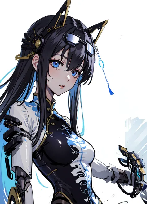 masterpiece, best quality, 1girl, <lora:CyberChinese2:1>, long hair, mechanical arm, pantyhose, chinese dress, white background, close-up, <lora:GoodHands-beta2:1>, head-mounted display <lora:head-mounted display3-000007:1>
