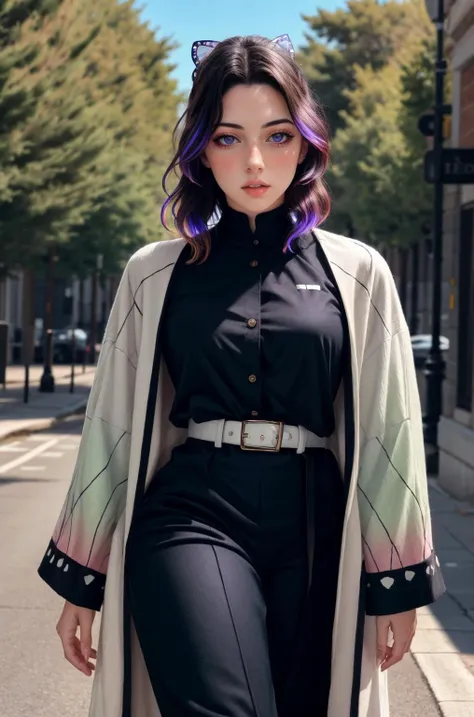 <lora:ZH_PFLopez:0.85> 1girl, zh_pflopez, solo, realistic, long hair, looking at viewer, parted lips, <lora:kochou_shinobu_v1.2:0.9> 1girl, solo, kochou shinobu, butterfly hair ornament, purple eyes, multicolored hair, short hair, parted bangs, haori, wide sleeves, long sleeves, black pants, black jacket, belt