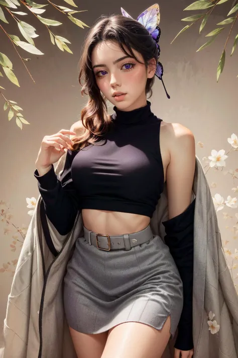 (masterpiece, best quality, highres, realistic, intricate details:1.2), (perfect beautiful detailed eyes:1.2), (glowing iris:1), (detailed light:1.2), rim lighting, 3/4 shot, (vintage photography:1.4), (1950s style, pin-up, sexy:1.2), rebel, (muted colors:1.4), 1girl, 20 years old, <lora:ZH_PFLopez:1.0> 1girl, zh_pflopez, solo, realistic, long hair, looking at viewer, parted lips, mahogany retro ponytail, purple eyes, multicolored hair, parted bangs, butterfly hair ornament, lipstick, blush, light freckles, medium breasts, thick thighs, pale skin, skindentaion, (red silk neck scarf), (black midriff off shoulder sweater:1.2), high waisted pleated tweed skirt, kochou shinobu, haori, wide sleeves, long sleeves, black pants, black jacket, belt, black thighhighs, (1950s floral wallpaper background:1.1), <lora:kochou_shinobu_v1.2:0.9>
