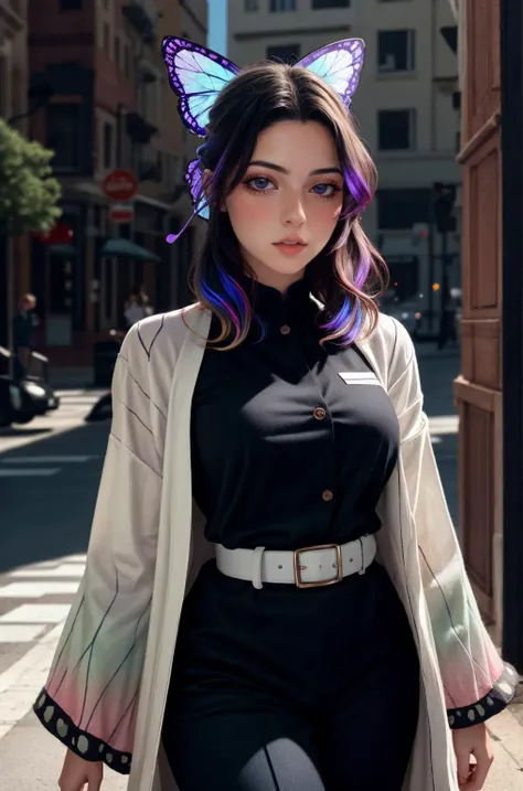 <lora:ZH_PFLopez:0.85> 1girl, zh_pflopez, solo, realistic, long hair, looking at viewer, parted lips, <lora:kochou_shinobu_v1.2:0.9> 1girl, solo, kochou shinobu, butterfly hair ornament, purple eyes, multicolored hair, short hair, parted bangs, haori, wide sleeves, long sleeves, black pants, black jacket, belt