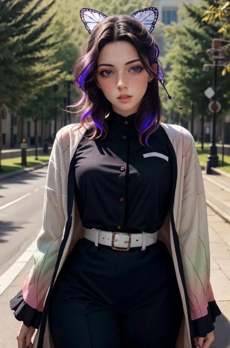 <lora:ZH_PFLopez:0.85> 1girl, zh_pflopez, solo, realistic, long hair, looking at viewer, parted lips, <lora:kochou_shinobu_v1.2:0.9> 1girl, solo, kochou shinobu, butterfly hair ornament, purple eyes, multicolored hair, short hair, parted bangs, haori, wide sleeves, long sleeves, black pants, black jacket, belt