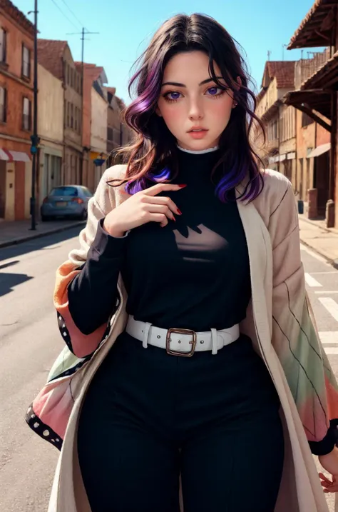 <lora:ZH_PFLopez:1.0> 1girl, zh_pflopez, solo, realistic, long hair, looking at viewer, parted lips, <lora:kochou_shinobu_v1.2:0.9> 1girl, solo, kochou shinobu, butterfly hair ornament, purple eyes, multicolored hair, short hair, parted bangs, haori, wide sleeves, long sleeves, black pants, black jacket, belt, east asian architecture background,