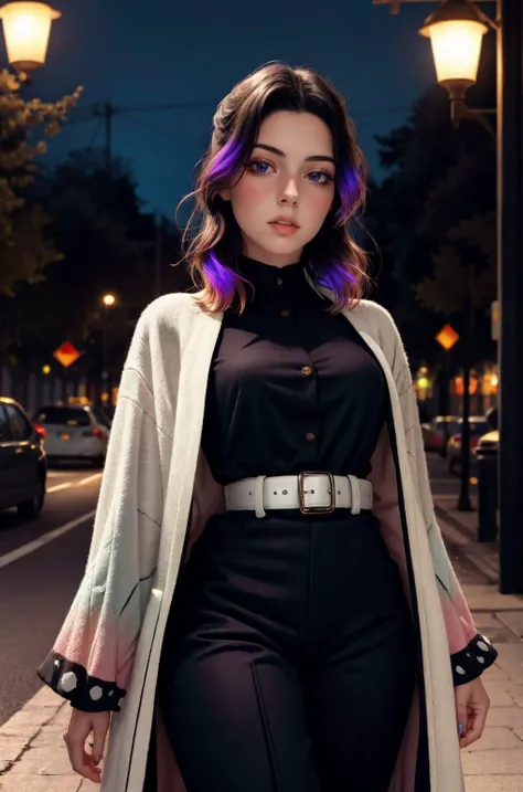 <lora:ZH_PFLopez:1.0> 1girl, zh_pflopez, solo, realistic, long hair, looking at viewer, parted lips, <lora:kochou_shinobu_v1.2:0.9> 1girl, solo, kochou shinobu, butterfly hair ornament, purple eyes, multicolored hair, short hair, parted bangs, haori, wide sleeves, long sleeves, black pants, black jacket, belt, east asian architecture background,
