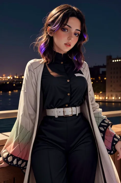 <lora:ZH_PFLopez:0.85> 1girl, zh_pflopez, solo, realistic, long hair, looking at viewer, parted lips, <lora:kochou_shinobu_v1.2:0.9> 1girl, solo, kochou shinobu, butterfly hair ornament, purple eyes, multicolored hair, short hair, parted bangs, haori, wide sleeves, long sleeves, black pants, black jacket, belt