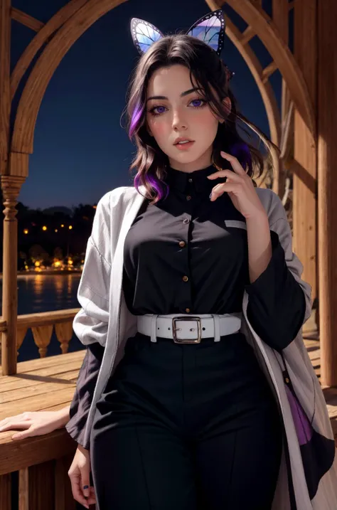 <lora:ZH_PFLopez:1.0> 1girl, zh_pflopez, solo, realistic, long hair, looking at viewer, parted lips, <lora:kochou_shinobu_v1.2:0.9> 1girl, solo, kochou shinobu, butterfly hair ornament, purple eyes, multicolored hair, short hair, parted bangs, haori, wide sleeves, long sleeves, black pants, black jacket, belt, east asian architecture background,