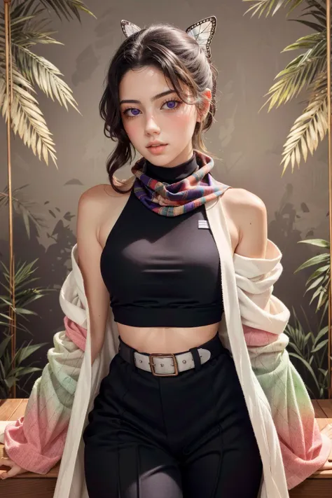 (masterpiece, best quality, highres, realistic, intricate details:1.2), (perfect beautiful detailed eyes:1.2), (glowing iris:1), (detailed light:1.2), rim lighting, 3/4 shot, (vintage photography:1.4), (1950s style, pin-up, sexy:1.2), rebel, (muted colors:1.4), 1girl, 20 years old, <lora:ZH_PFLopez:1.0> 1girl, zh_pflopez, solo, realistic, long hair, looking at viewer, parted lips, mahogany retro ponytail, purple eyes, multicolored hair, parted bangs, butterfly hair ornament, lipstick, blush, light freckles, medium breasts, thick thighs, pale skin, skindentaion, (red silk neck scarf), (black midriff off shoulder sweater:1.2), high waisted pleated tweed skirt, kochou shinobu, haori, wide sleeves, long sleeves, black pants, black jacket, belt, black thighhighs, (1950s floral wallpaper background:1.1), <lora:kochou_shinobu_v1.2:0.9>