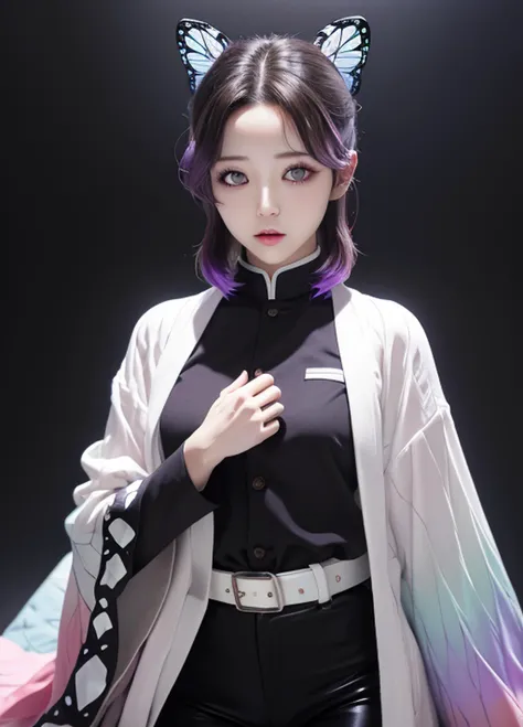 <lora:kochou_shinobu_v1.2:0.8> 1girl, solo, kochou shinobu, butterfly hair ornament, purple eyes, multicolored hair, short hair, parted bangs, haori, wide sleeves, long sleeves, black pants, black jacket, belt