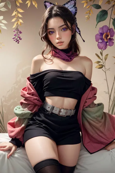 (masterpiece, best quality, highres, realistic, intricate details:1.2), (perfect beautiful detailed eyes:1.2), (glowing iris:1), (detailed light:1.2), rim lighting, 3/4 shot, (vintage photography:1.4), (1950s style, pin-up, sexy:1.2), rebel, (muted colors:1.4), 1girl, 20 years old, <lora:ZH_PFLopez:1.0> 1girl, zh_pflopez, solo, realistic, long hair, looking at viewer, parted lips, mahogany retro ponytail, purple eyes, multicolored hair, parted bangs, butterfly hair ornament, lipstick, blush, light freckles, medium breasts, thick thighs, pale skin, skindentaion, (red silk neck scarf), (black midriff off shoulder sweater:1.2), high waisted pleated tweed skirt, kochou shinobu, haori, wide sleeves, long sleeves, black pants, black jacket, belt, black thighhighs, (1950s floral wallpaper background:1.1), <lora:kochou_shinobu_v1.2:0.9>