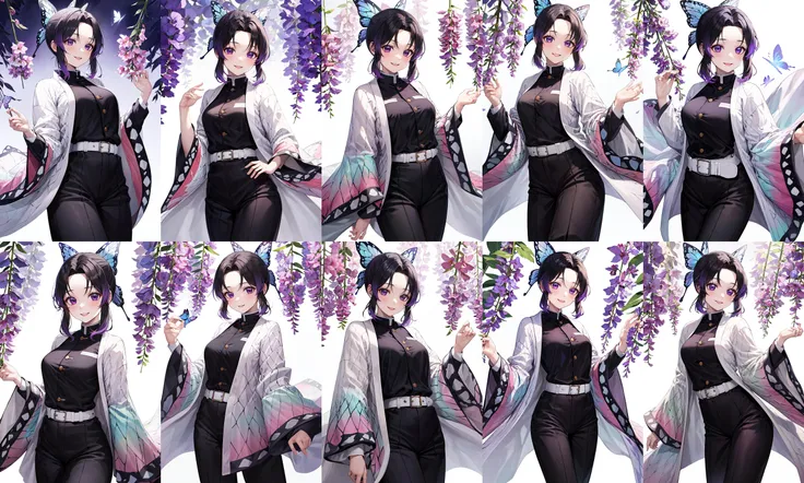 masterpiece, best quality, highres, 1girl, solo, kochou shinobu, butterfly hair ornament, purple eyes, multicolored hair, short hair, parted bangs, haori, wide sleeves, black pants, black jacket, belt, <lora:kochou_shinobu_v1.2:0.9>, cowboy shot, smile, standing, purple flower, white background,