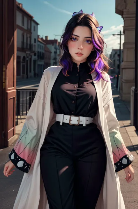 <lora:ZH_PFLopez:0.85> 1girl, zh_pflopez, solo, realistic, long hair, looking at viewer, parted lips, <lora:kochou_shinobu_v1.2:0.9> 1girl, solo, kochou shinobu, butterfly hair ornament, purple eyes, multicolored hair, short hair, parted bangs, haori, wide sleeves, long sleeves, black pants, black jacket, belt