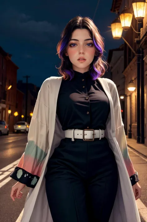<lora:ZH_PFLopez:1.0> 1girl, zh_pflopez, solo, realistic, long hair, looking at viewer, parted lips, <lora:kochou_shinobu_v1.2:0.9> 1girl, solo, kochou shinobu, butterfly hair ornament, purple eyes, multicolored hair, short hair, parted bangs, haori, wide sleeves, long sleeves, black pants, black jacket, belt, east asian architecture background,