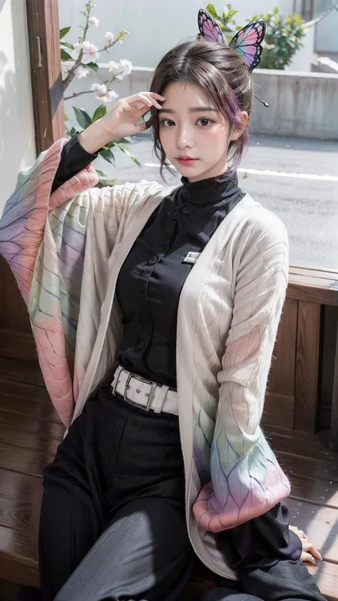 (NFSW:1.3), masterpiece, 8K,(ultra-detailed),(highly detailed CG illustratilon),(1girl:1.3), best quality,(finely detailed beautiful eyes and detailed face),High quality texture, detailed texture, High quality shadow, Depth of field, ((vivid)), sitting,
thin body, blush, big eyes, (short hair:1.3), solo, kochou shinobu, ((butterfly hair ornament)), purple eyes, (multicolored hair), parted bangs, haori, wide sleeves, long sleeves, black pants, black jacket, belt,
, veranda, (porch), cherry blossoms, tatami, tansu, japanese style garden,
<lora:CS:0.43><lora:add_detail:0.4><lora:kochou_shinobu_v1.2:0.9><lora:veranda_v0.1:0.9>