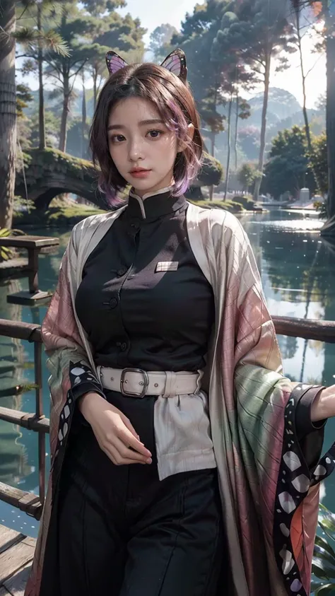 (NFSW:1.3), masterpiece, 8K,(ultra-detailed),(highly detailed CG illustratilon),(1girl:1.3), best quality,(finely detailed beautiful eyes and detailed face),High quality texture, detailed texture, High quality shadow, Depth of field, ((vivid)),
thin body, blush, big eyes, (short hair:1.3), solo, kochou shinobu, ((butterfly hair ornament)), purple eyes, (multicolored hair), parted bangs, haori, wide sleeves, long sleeves, black pants, black jacket, belt,
tree, huge pines, lake, Sunlight filtering through leaves, mountain,
<lora:CS:0.43><lora:add_detail:0.4><lora:lightV1:0.65><lora:kochou_shinobu_v1.2:0.9>