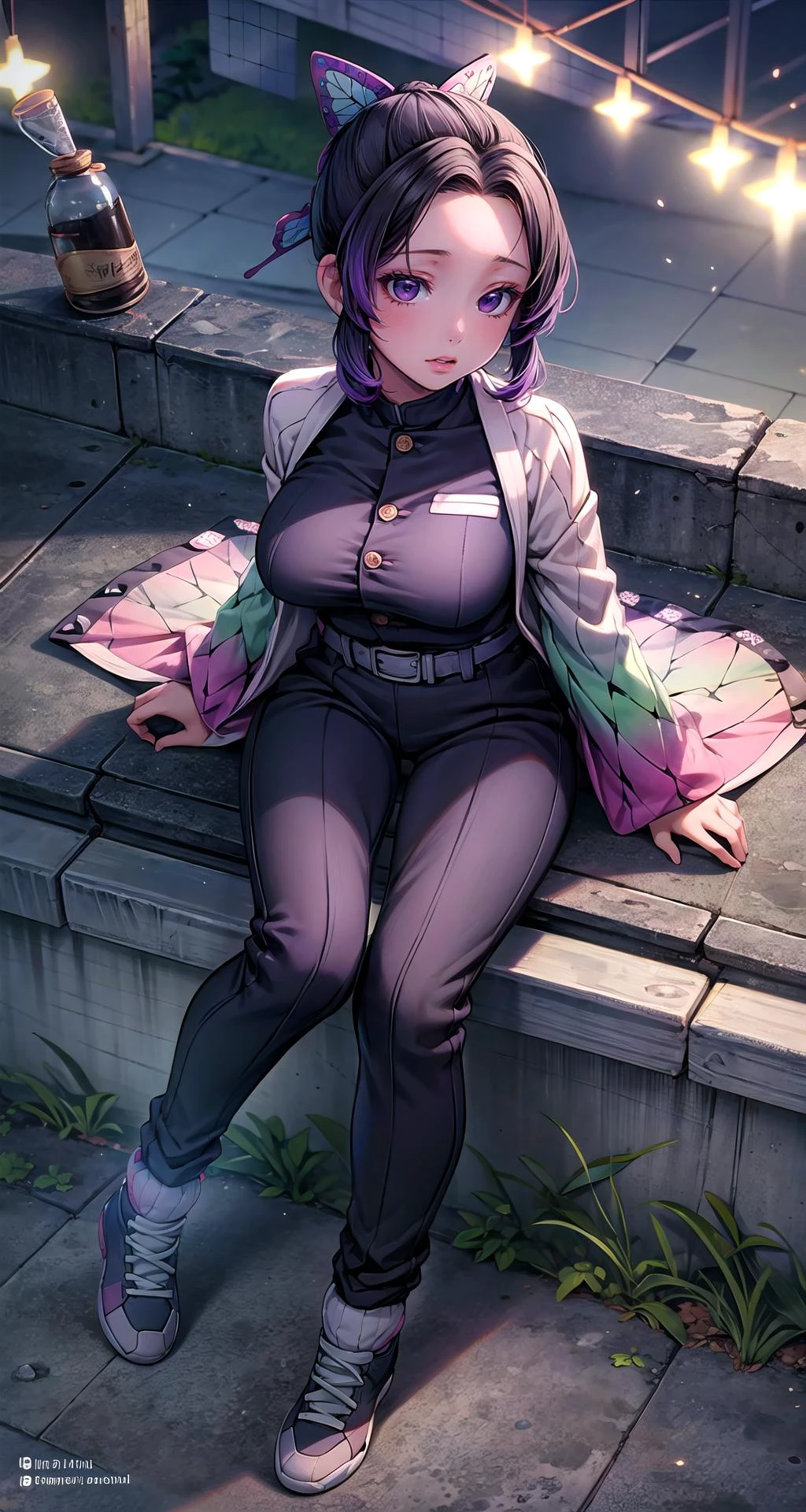 (masterpiece),(intricate details),1girl,mature female,shiny_skin,huge breasts
BREAK
<lora:kochou_shinobu_v1.2:0.9>,kochou shinobu, butterfly hair ornament, purple eyes, multicolored hair, short hair, parted bangs, forehead, haori, wide sleeves, long sleeves, black pants, black jacket, belt,Folded Socks,converse,depth of field,looking at viewer,((reclining on the Soccer stadium: Soccer players, fans, goals, cheers, penalty kick)),((full body)),
BREAK
moon,night,meteor,hanabi,((cumulonimbus)),from above:1.4,<lora:more_details:0.3>